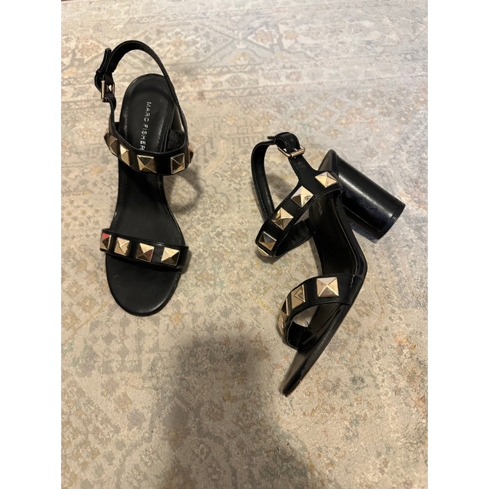 Women's Marc Fisher Black Gold Studded Block Heel Sandals 8.5